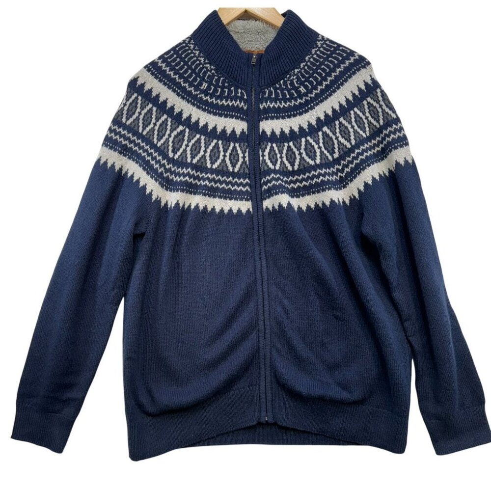 St. Johns Bay Mens Outdoor Fair Isle Full Zip Cardigan Sweater L Navy & White